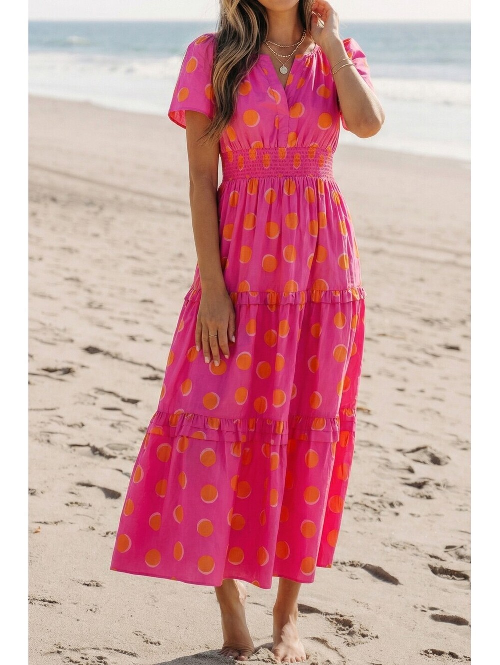 Pink and Orange Polka Dot Midi Dress with Smocked Waist